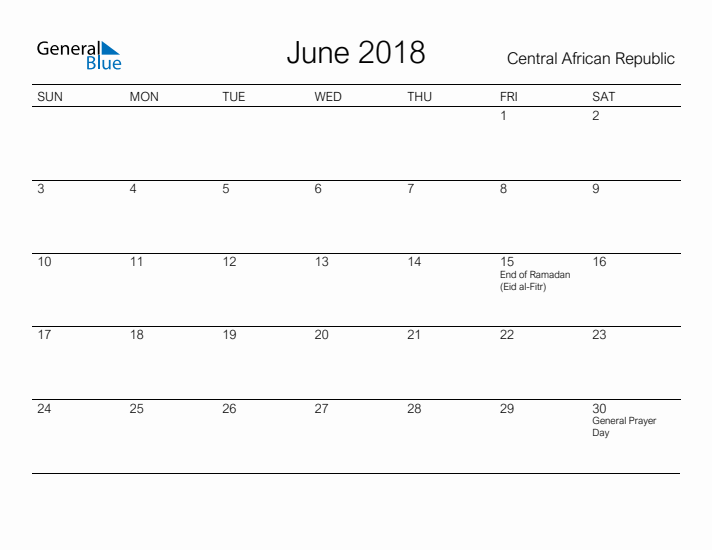 Printable June 2018 Calendar for Central African Republic