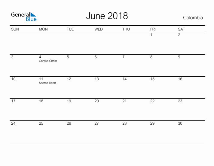 Printable June 2018 Calendar for Colombia