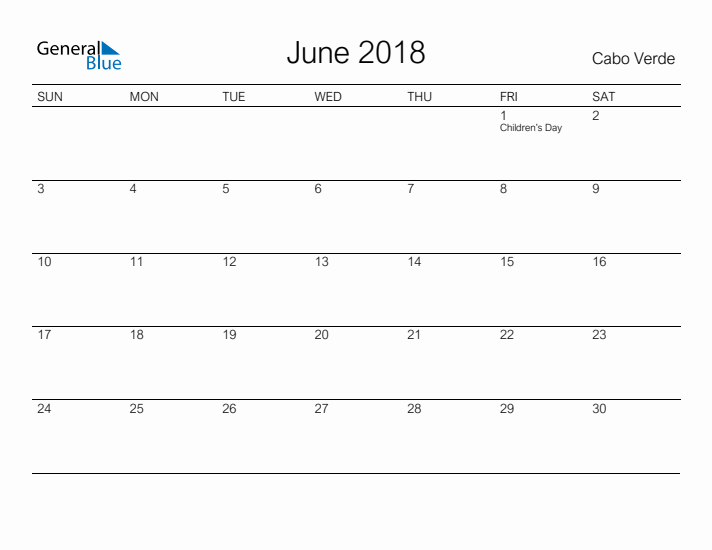 Printable June 2018 Calendar for Cabo Verde