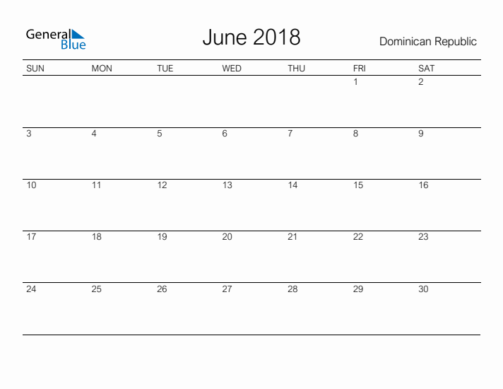 Printable June 2018 Calendar for Dominican Republic