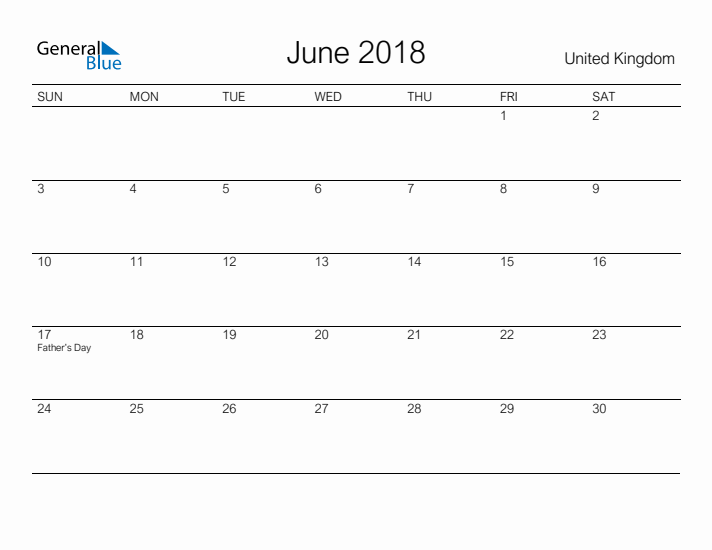 Printable June 2018 Calendar for United Kingdom