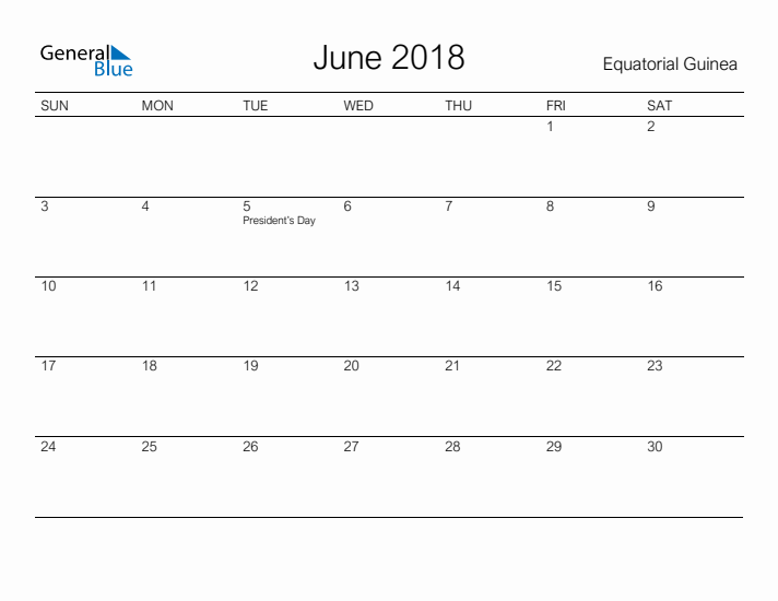 Printable June 2018 Calendar for Equatorial Guinea