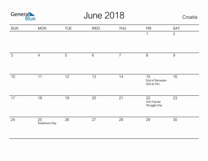 Printable June 2018 Calendar for Croatia