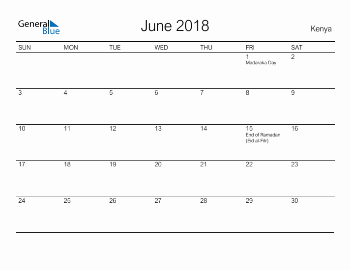 Printable June 2018 Calendar for Kenya