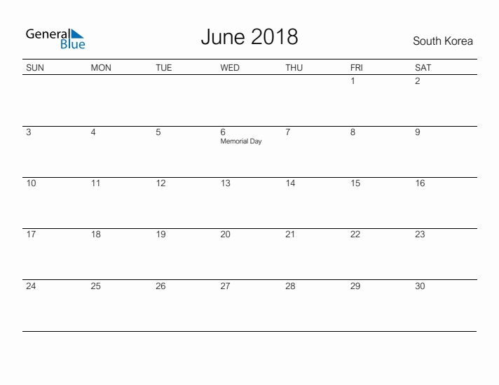 Printable June 2018 Calendar for South Korea