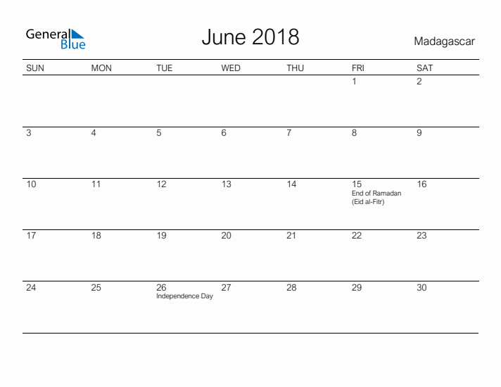 Printable June 2018 Calendar for Madagascar