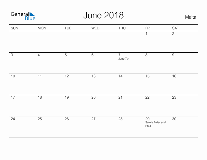 Printable June 2018 Calendar for Malta