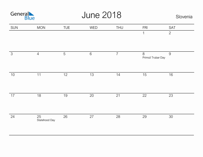 Printable June 2018 Calendar for Slovenia