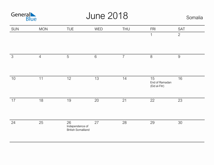 Printable June 2018 Calendar for Somalia