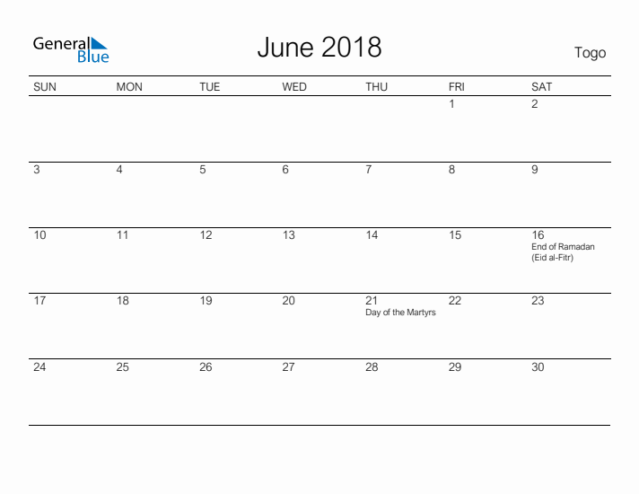 Printable June 2018 Calendar for Togo