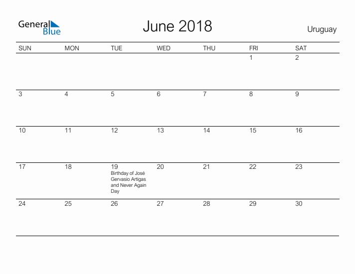 Printable June 2018 Calendar for Uruguay