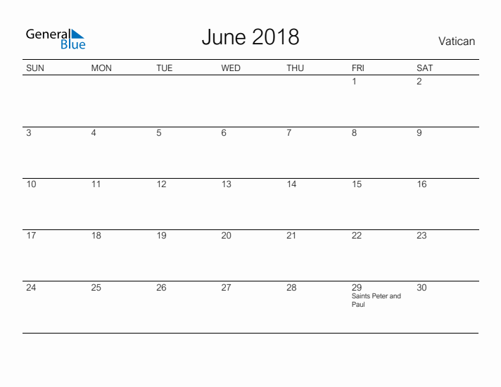 Printable June 2018 Calendar for Vatican