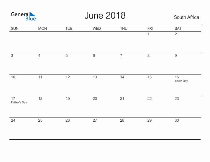 Printable June 2018 Calendar for South Africa