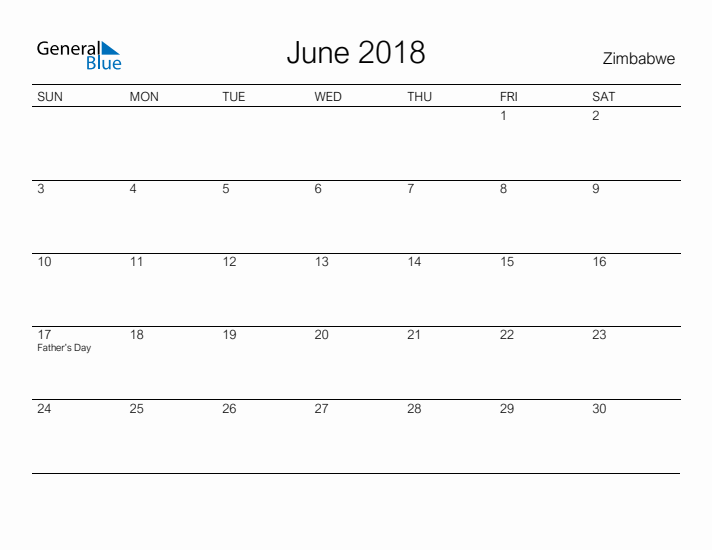 Printable June 2018 Calendar for Zimbabwe