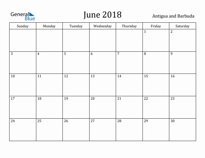 June 2018 Calendar Antigua and Barbuda