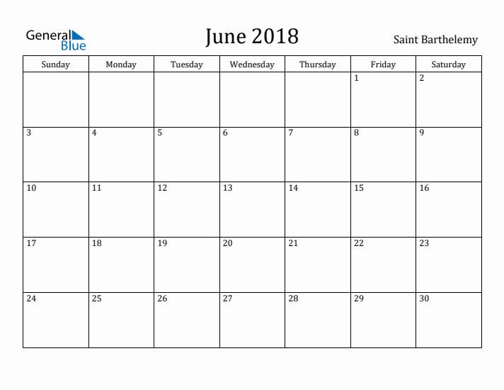 June 2018 Calendar Saint Barthelemy