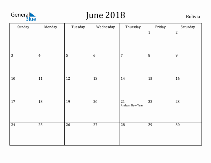 June 2018 Calendar Bolivia