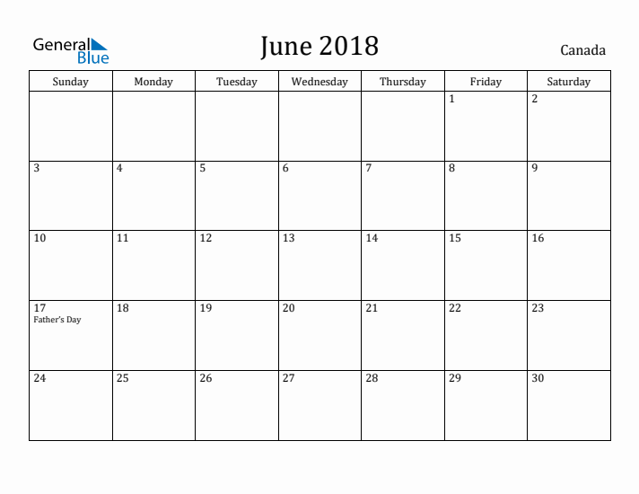 June 2018 Calendar Canada