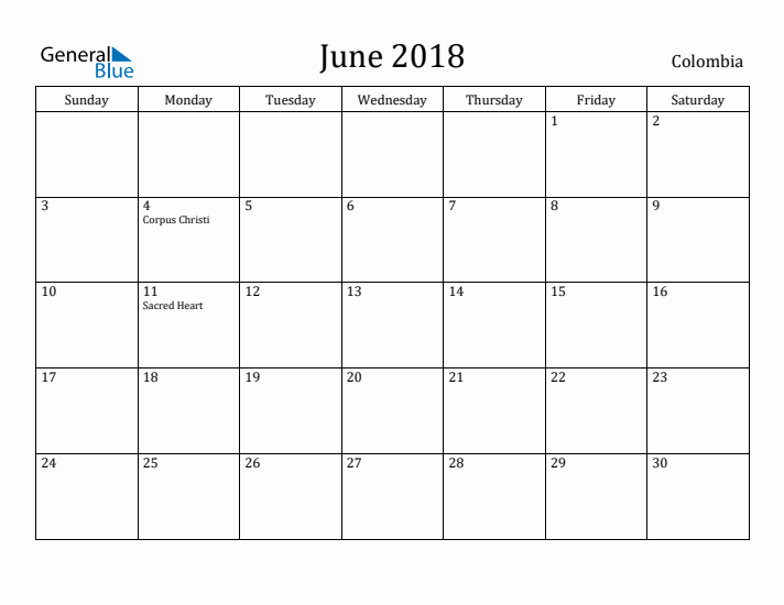 June 2018 Calendar Colombia