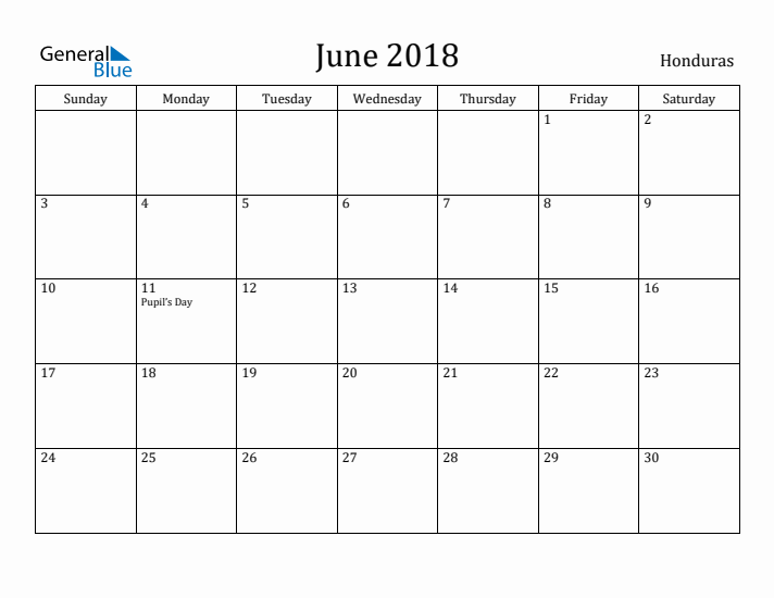 June 2018 Calendar Honduras