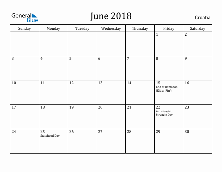 June 2018 Calendar Croatia