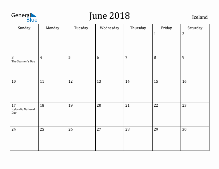 June 2018 Calendar Iceland