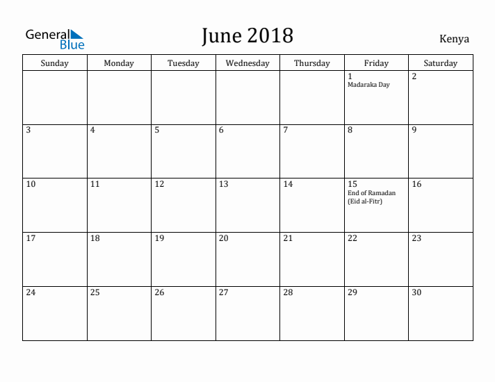 June 2018 Calendar Kenya