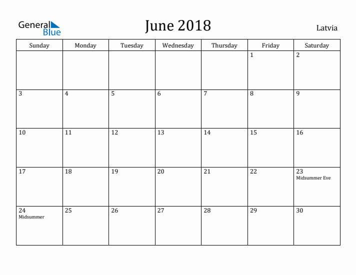 June 2018 Calendar Latvia