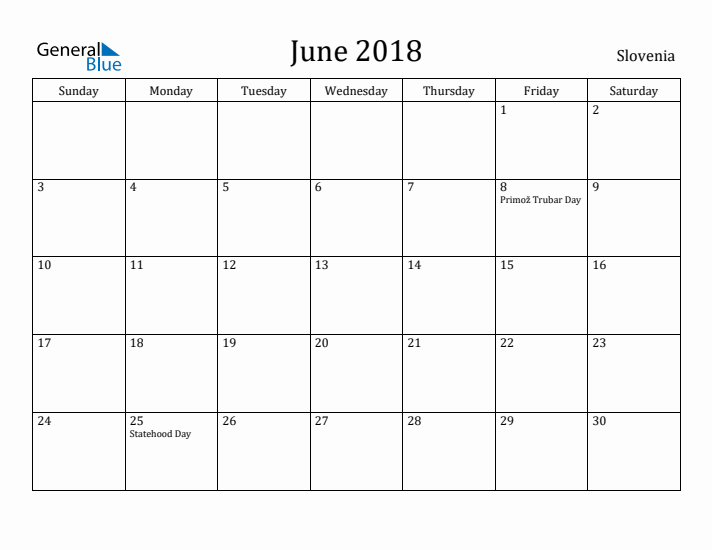 June 2018 Calendar Slovenia