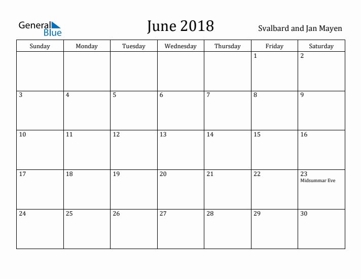 June 2018 Calendar Svalbard and Jan Mayen