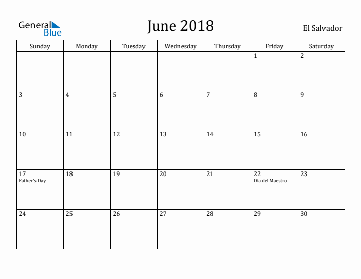 June 2018 Calendar El Salvador