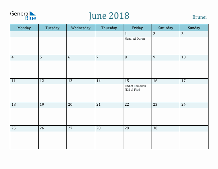 June 2018 Calendar with Holidays