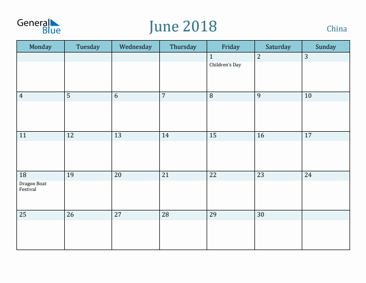 June 2018 Calendar with Holidays