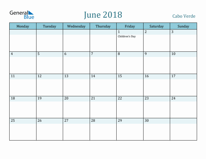 June 2018 Calendar with Holidays