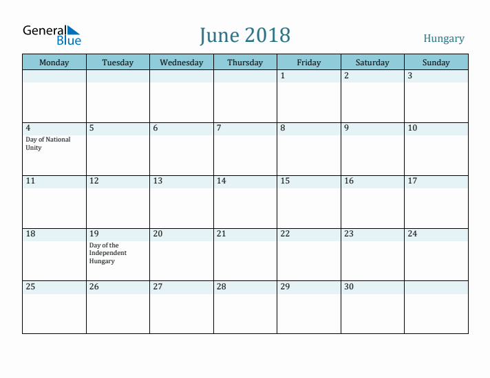 June 2018 Calendar with Holidays