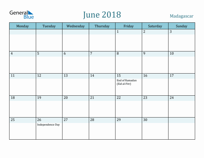 June 2018 Calendar with Holidays