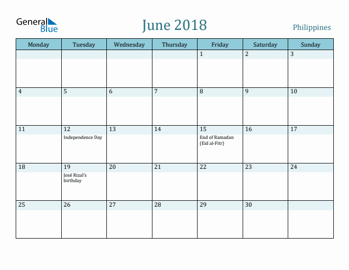 June 2018 Calendar with Holidays