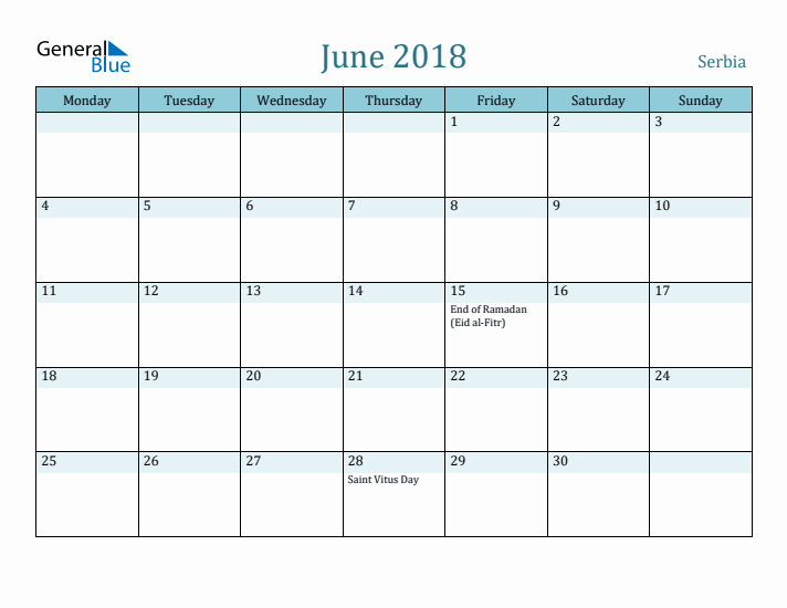 June 2018 Calendar with Holidays