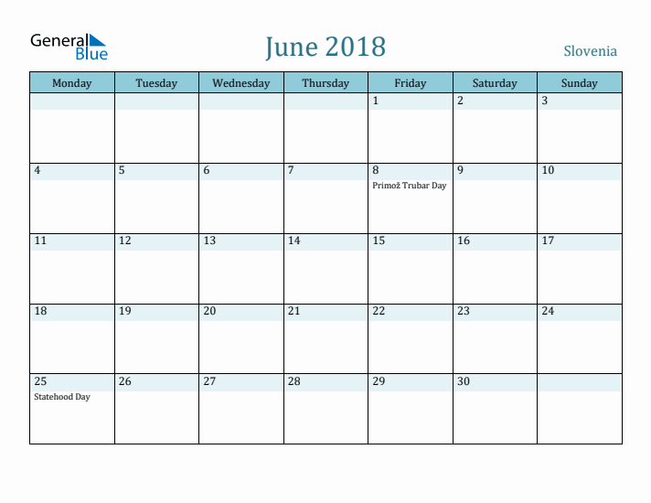 June 2018 Calendar with Holidays