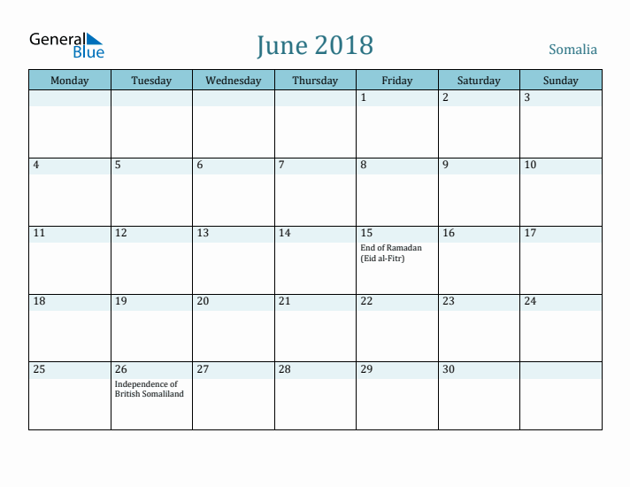 June 2018 Calendar with Holidays