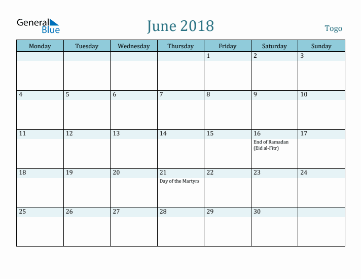 June 2018 Calendar with Holidays