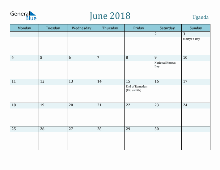 June 2018 Calendar with Holidays