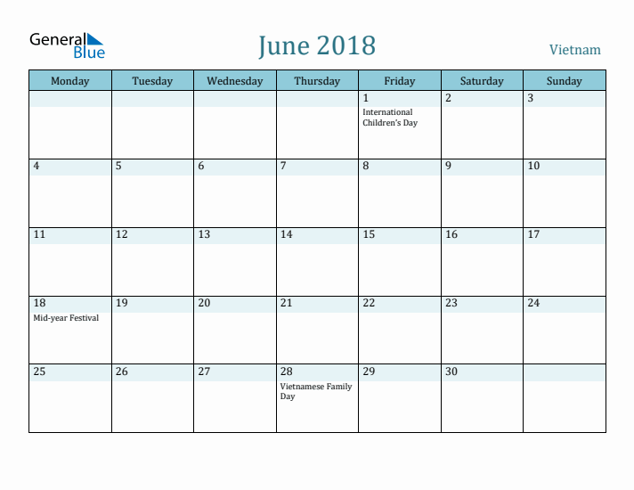 June 2018 Calendar with Holidays