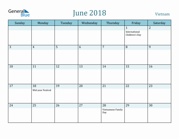 June 2018 Calendar with Holidays