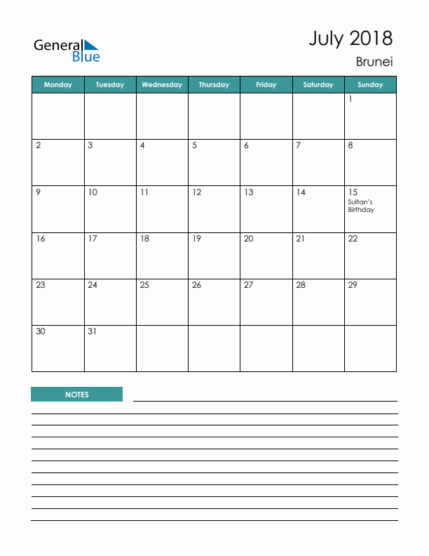 Calendar with Notes Printable - Monday Start