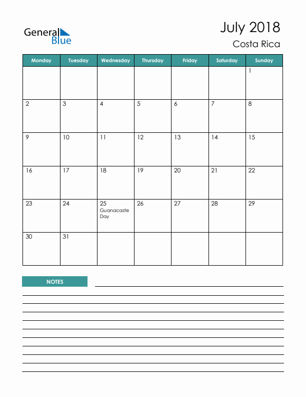 Calendar with Notes Printable - Monday Start