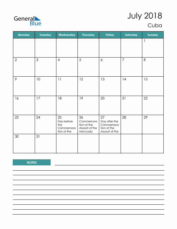 Calendar with Notes Printable - Monday Start