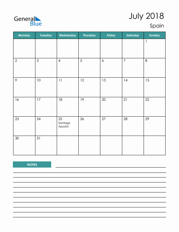 Calendar with Notes Printable - Monday Start