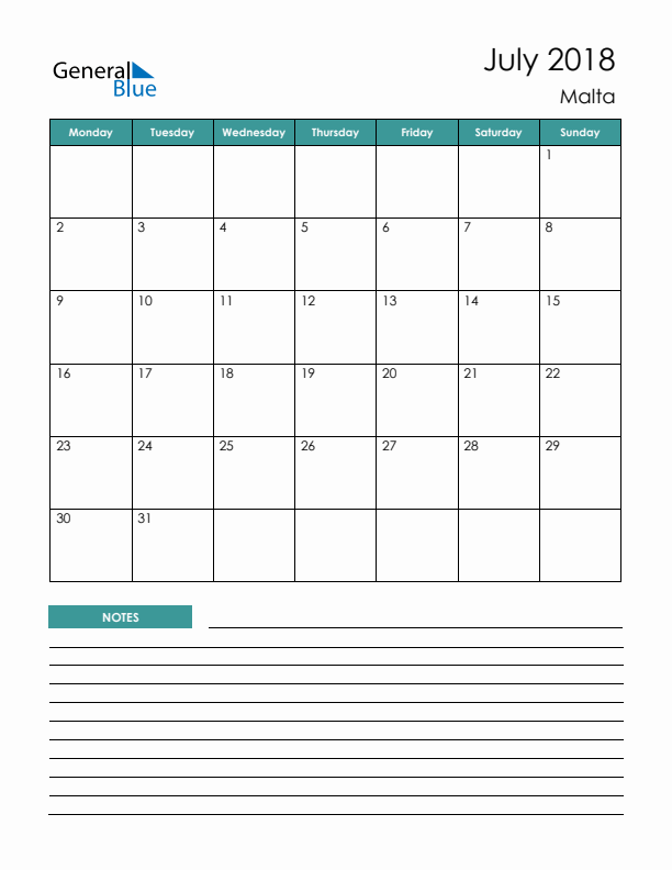 Calendar with Notes Printable - Monday Start