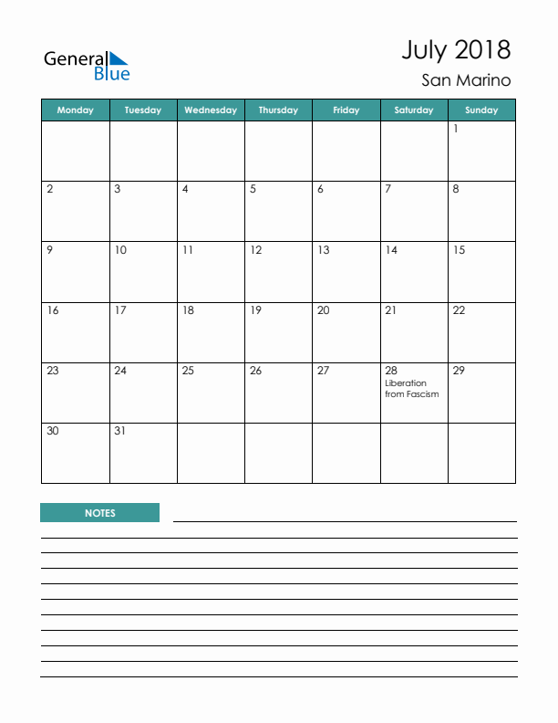 Calendar with Notes Printable - Monday Start